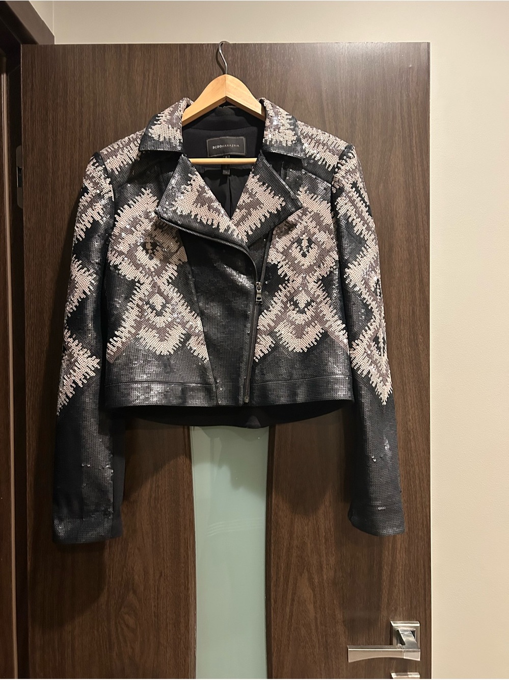 BCBGMaxAzria Black & Cream sequence Geometric Moto Jacket